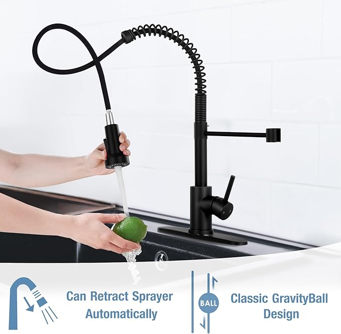 DJS Kitchen Faucets with Pull Down Sprayer Matte Black - Single Handle 1 or 3 Holes Spring Kitchen Sink Faucet with Deck Plate for Farmhouse RV Vessel Basin