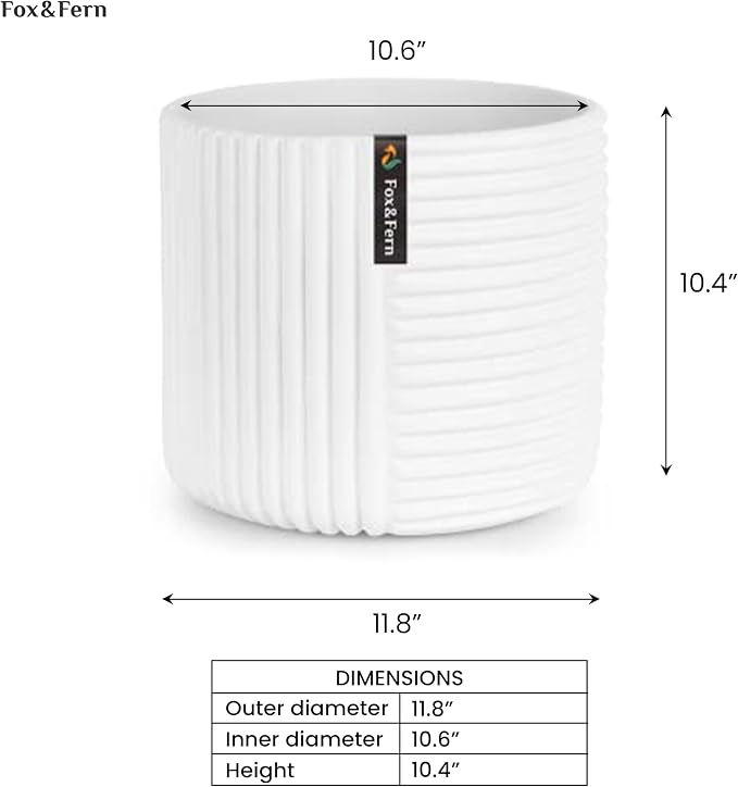 Fox & Fern Large Indoor Planter, Modern Large Plant Pot for Indoor or Outdoor, UV and Frost Resistant - 12 inch, Matte White Flower Pot with Drainage Plug, 3D Printed Design