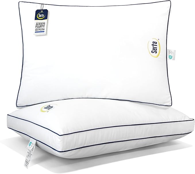 Serta Hotel Collection Bed Pillows Queen/Standard Size Set of 2, 400 Thread Count 100% Cotton Cover, Medium Soft, Support Gusseted Down Alternative Pillow for Back, Stomach or Side Sleepers, 18" x 26"