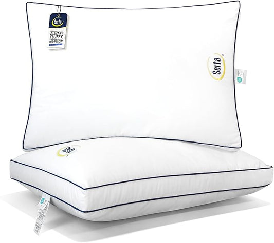 Serta Hotel Collection Bed Pillows Queen/Standard Size Set of 2, 400 Thread Count 100% Cotton Cover, Medium Soft, Support Gusseted Down Alternative Pillow for Back, Stomach or Side Sleepers, 18" x 26"