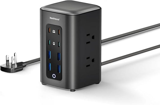 TenTrend Power Strip Tower, 230W Total Fast Charging Station for Multiple Devices, 10FT Extension Cord Tower with 6 Outlets 8 USB(4 USB C), 2000J Surge Protector for Home Office, Dorm Essentials