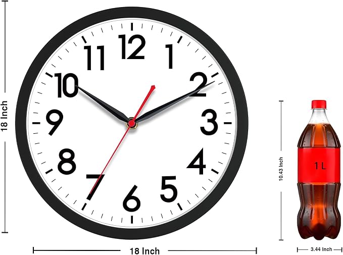 AKCISOT 18 Inch Wall Clock, Battery Operated Analog Clock, Silent Non-Ticking, Ideal for Bedroom, Bathroom, Kitchen, Office and School, Black