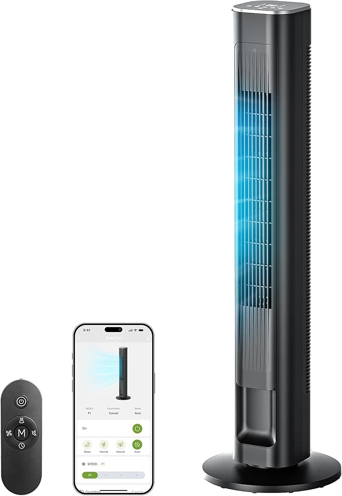 MORENTO Tower Fan for Bedroom, 2026 Upgraded 90° Oscillating 43" Standing Fan with 4 Speeds, 4 Modes, 25ft/s Velocity Bladeless Fan with APP/Voice/Remote/Touch Control, 28dB, 12H Timer, Black 1Pack