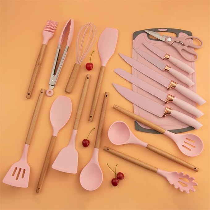Kitchen Utensils Set,19 Pcs Cooking Tools and Knives Set,Cutting Board, Silverware Set, with Utensil Holder Precision Cutting and Organized Dining Kitchen Tool (Purple)