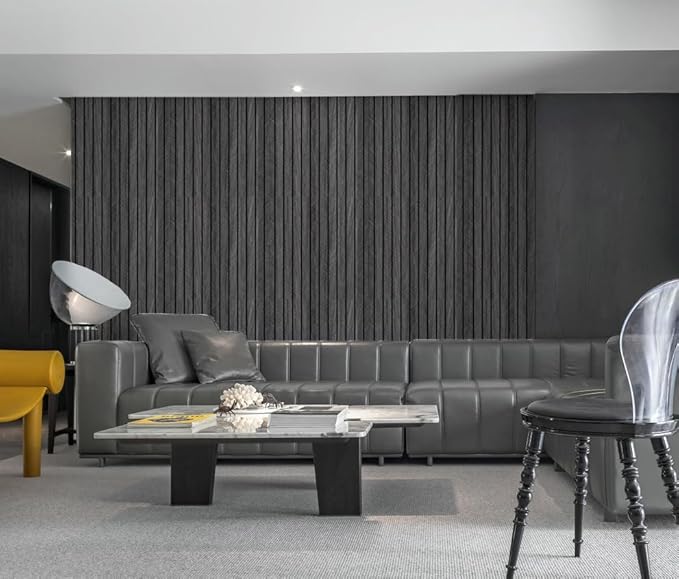 WaveSpace Self-Adhesive PVC Slat Wall Panels, Peel and Stick Wood Panels 118"x15.75", Thick Faux Black Oak Wood Grain Wallpaper Panels 3D Soundproof Wall & Ceiling Panels Decorativos para Pared
