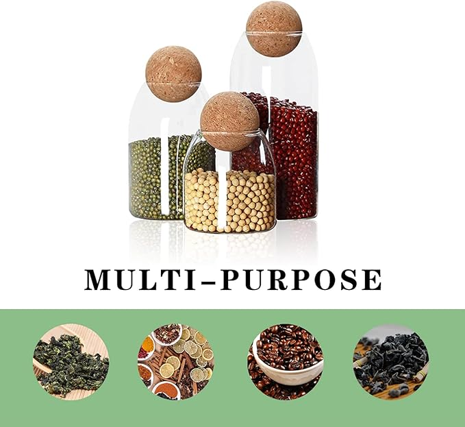 AEFPOYMXU 3 Pcs Glass Jars with Cork Ball Lid Set Kitchen Food Terrarium Airtight Clear Storage Canisters with Wooden Lids for Cookie Candy Coffee Bean Spice Sugar Rice
