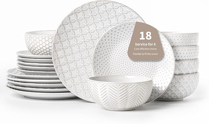FOBENTA 18 Piece Embossed Dinnerware Sets for 6, Scratch-Resistant Plates and Bowls Sets, Microwave & Dishwasher Safe, Elegant Stoneware for Family Gatherings – A Gift for Growing Households