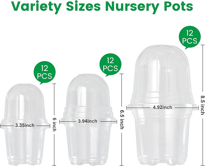 Bluepro Clear Nursery Pots with Humidity Domes, 3.5/4/5 Inch, 36-Pack | Clear PET, Drainage Holes, Root and Germination Visibility, Flexible, Indoor Propagation and Seed Starting