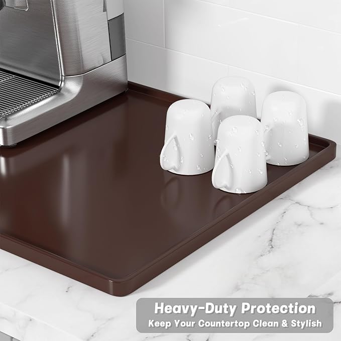 Rnivvi Silicone Coffee Mat, 16" x 24" Waterproof Raised Edge Coffee Bar Mats for Espresso Machine Station Accessories, Heat Resistant Dish Drying Pad for Kitchen Counter, Rubber Bar Decor Pad, Brown