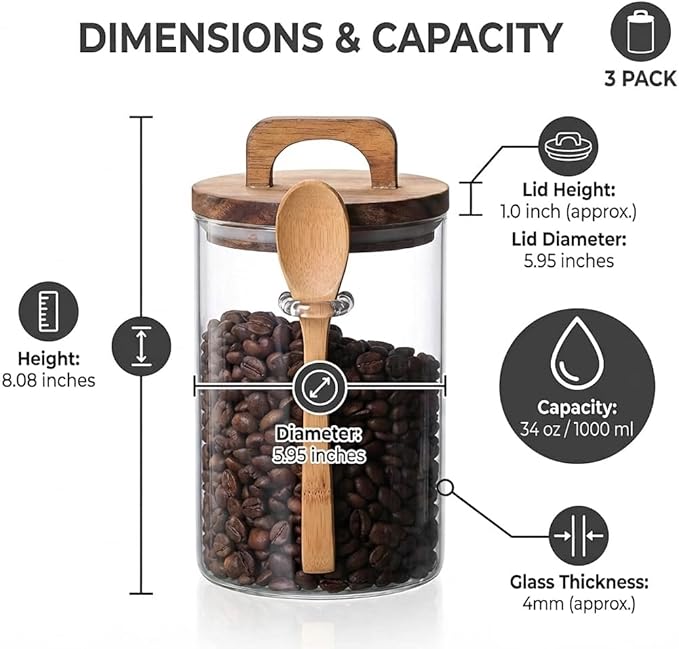 Glass Food Storage Canisters with Airtight Bamboo Lids, Set of 3 Clear Glass Jars with Spoons, 24oz Stackable Kitchen Containers for Coffee, Tea, Sugar, Flour & Pantry Organization