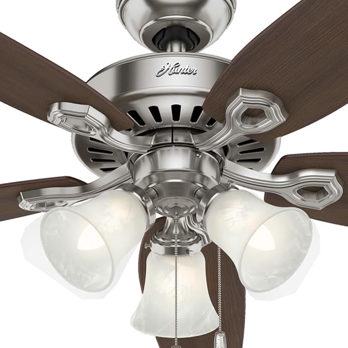 Hunter 52 inch Indoor Ceiling Fan with LED Lights - Ceiling Fan with Pull Chain, For Bedroom or Living Room, Standard Mount, No Remote, 5 Blades, Includes Bulbs - Builder Plus 53237, Brushed Nickel