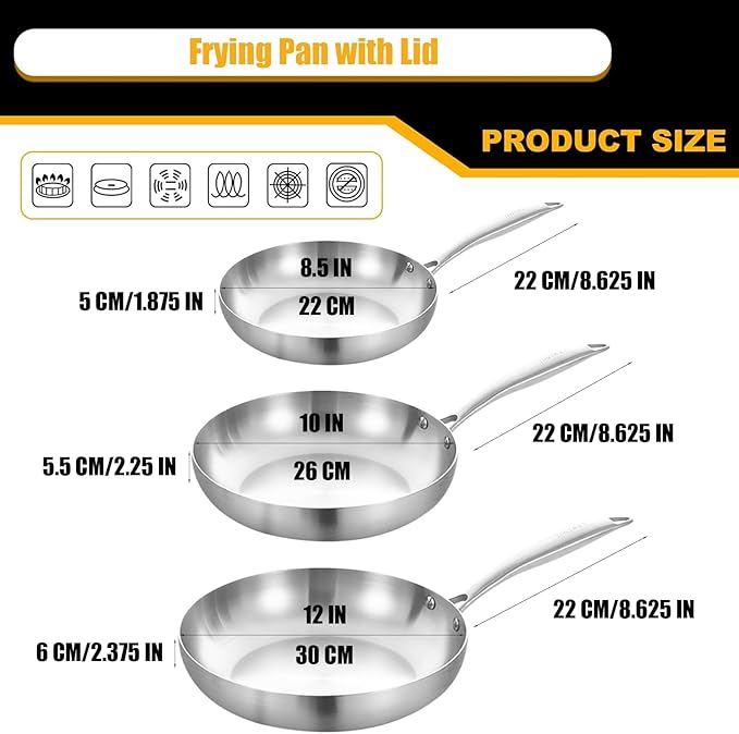 LOLYKITCH 8.5-10-12 Inch Tri-ply Stainless Steel Frying Pans Set of 3,Skillets,Induction Cookware Set,Oven and Dishwasher Safe,Detachable Handle