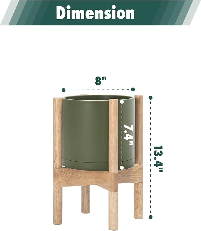 D'vine Dev Plastic Pot with Natural Wood Stand, Olive, 8 in, 55-C-J-3 | Mid-Century Inspired Design, Elevated Plant Display, Clean Lines, Sturdy Support, Modern Space-Saving Style