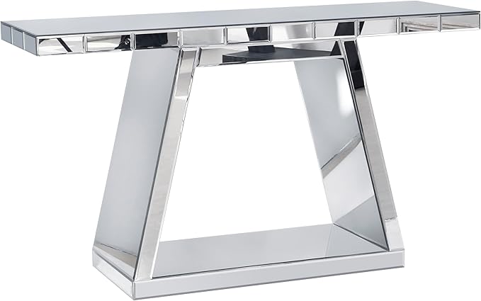 SSLine Mirror Console Table for Living Room 55" Modern Mirrored Entryway Table with Crystal Trapezoid Base Luxury Glass Foyer Tables for Entryway Hallway