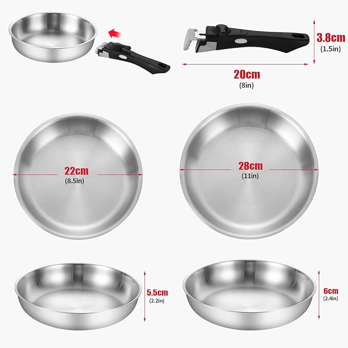 Inqibee Tri-Ply Stainless Steel Cookware Set with Detachable Handle, Removable Handle Pots and Pans Set, Induction Kitchen Cooking Set for Home & RV Camping, Dishwasher and Oven Safe