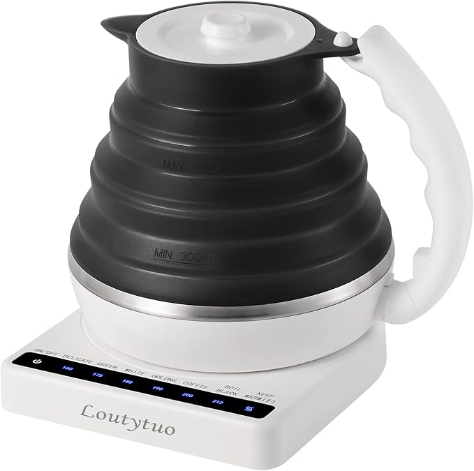 Ultrathin Food Grade Silicone Travel Foldable Electric Kettle Variable Temperature Control with Dual Voltage, Auto Shutoff & Boil Dry Protection & Keep Warm, 555ML 110-220V US Plug (Black)