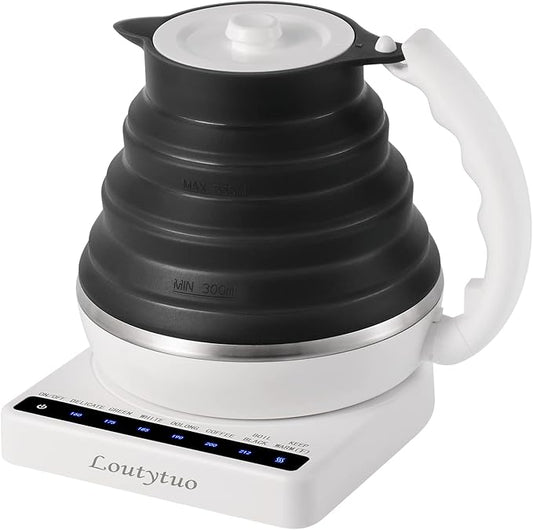 Ultrathin Food Grade Silicone Travel Foldable Electric Kettle Variable Temperature Control with Dual Voltage, Auto Shutoff & Boil Dry Protection & Keep Warm, 555ML 110-220V US Plug (Black)