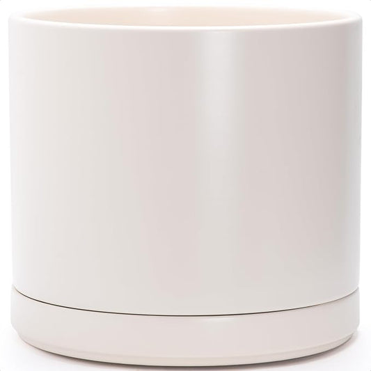 D'vine Dev 16 Inch Ceramic Planter Pot, Oatmeal, 94-O-H-8 | Modern Cylinder Design, Drainage Hole & Saucer Included, Stable Structure, Elegant Home Accent