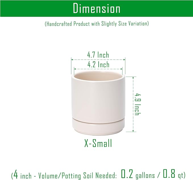 D'vine Dev 4.7 Inch Ceramic Planter Pot, Oatmeal, 94-O-B-8 | Modern Cylinder Design, Drainage Hole & Saucer Included, Stable Structure, Elegant Home Accent