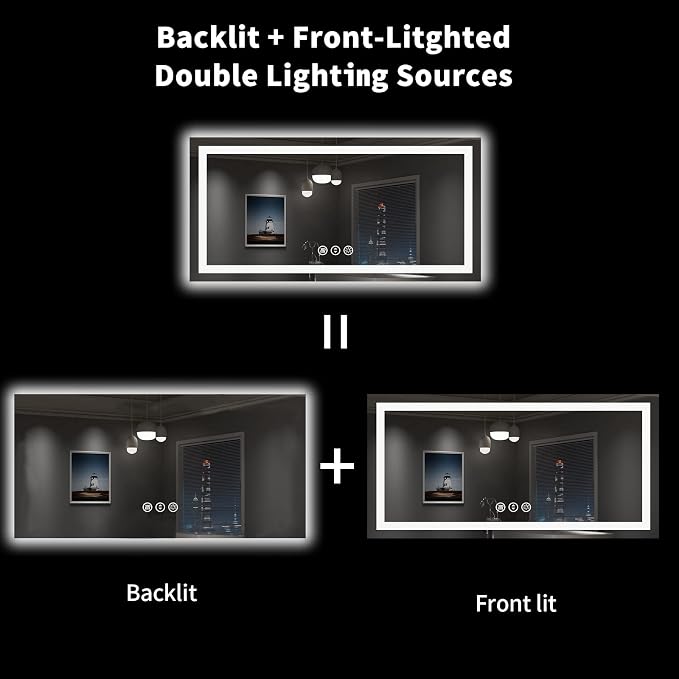 LOAAO 55"X30" LED Bathroom Mirror with Lights, Anti-Fog, Dimmable, Backlit + Front Lit, Lighted Bathroom Vanity Mirror for Wall, Memory Function, Tempered Glass, ETL Listed