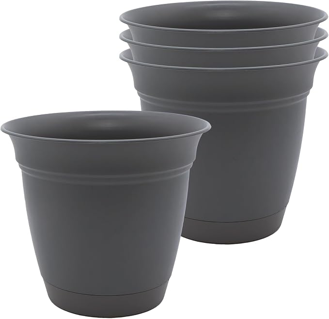 The HC Companies 6 Inch Eclipse Round Planter Pots with Drainage Holes & Attached Saucer, Lightweight UV-Resistant Plastic Indoor Outdoor Planters, 4-Pack Flower Pots for Garden Home Decor, Warm Gray