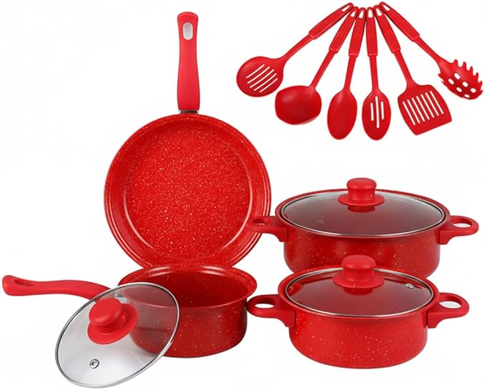 Nonstick Cookware Set, 13-piece Nonstick Cookware Set, Non Stick Pots and Pans with Frying Pan, Saucepans, Milk Pot & Utensils for Home Cooking, Red