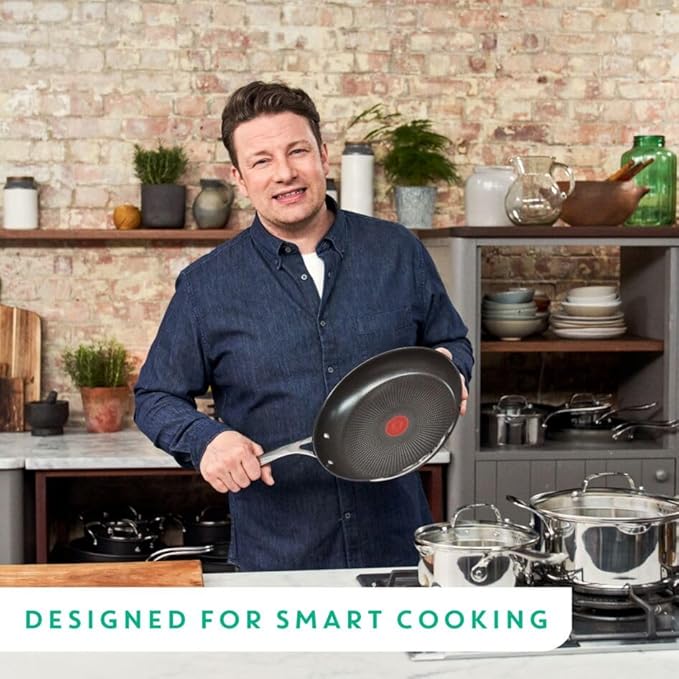 T-Fal x Jamie Oliver Nonstick Coated Stainless Steel Pans 9.5" & 11", Induction Compatible, Oven Safe up to 500°F, Chef's Stainless Steel Skillet, Frying Pan, Silver