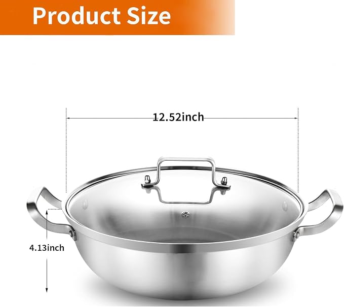 Delarlo Tri-Ply Stainless Steel Hot Pot 14 inch Everyday pan With lid,7QT | Everything Pan, Durable Deep Saute Pan, Induction Cooking Pot,Woks & Stir-Fry Pans Oven Safe Stock Pot