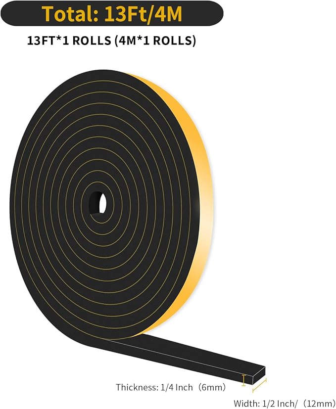Weather Stripping Door Seal,Weather Stripping,Soundproof,Cold Insulation,High Density CR Foam Insulation Tape for Door, Front Door Frame, Windows,Sliding Door (Black, 1/2 in x 1/4 in x 13Ft)