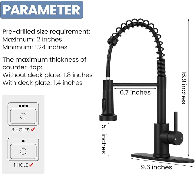 DJS Kitchen Faucets with Soap Dispenser High Arc Single Handle 1 or 3 Holes Spring Kitchen Sink Faucet with Deck Plate for Farmhouse RV Vessel Basin Matte Black