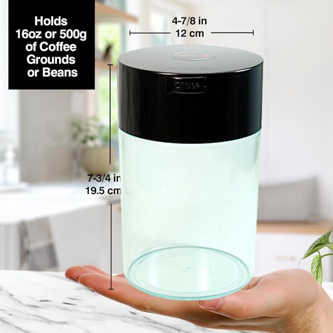 COFFEEVAC 1LB – Patented Airtight Container | Multi-use Vacuum Container Works as Smell Proof Containers for Ground Coffee and Coffee Bean Containers. Black Cap and Clear Body