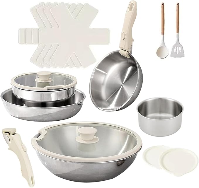 Tri-Ply Stainless Steel Cookware Set, 17 pcs Pots and Pans Set Non Stick with Detachable Handles, Induction Cookware Set Kitchen Cooking Sets, RV/Camping Cookware, Dishwasher & Oven Safe,17pcs