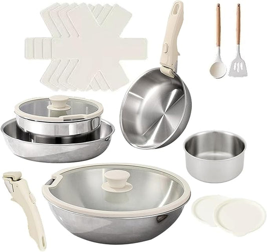 Tri-Ply Stainless Steel Cookware Set, 17 pcs Pots and Pans Set Non Stick with Detachable Handles, Induction Cookware Set Kitchen Cooking Sets, RV/Camping Cookware, Dishwasher & Oven Safe,17pcs
