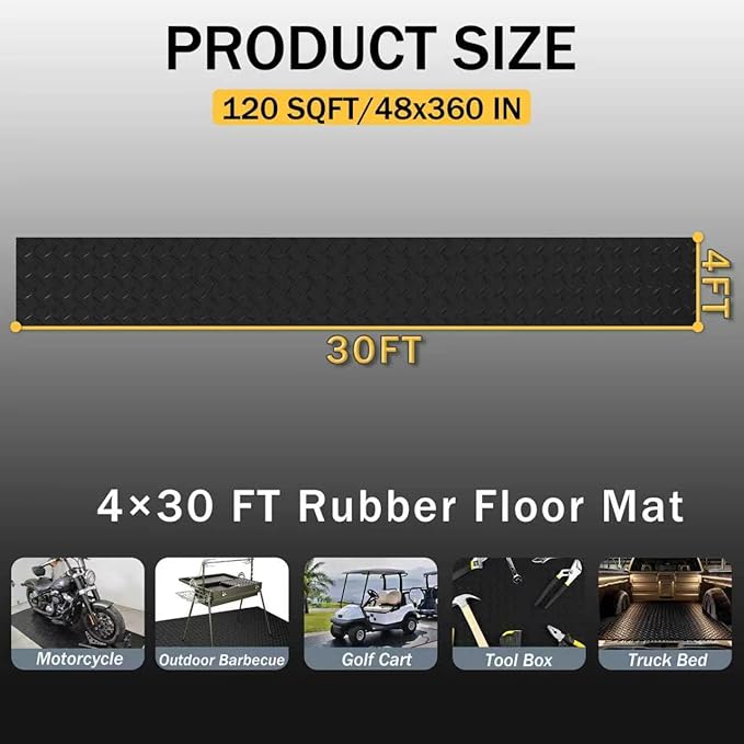 StellarStar 4x30 FT Garage Floor Mat, 2.8mm Thickened PVC Diamond Plate Garage Mat with 20PCS Tapes, Rubber Flooring Rolls for Under Car, Non-Slip Rubber Motorcycle Mat for Golf Cart, Trailer, Black