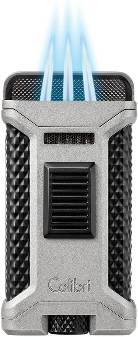 Colibri Ascari Triple Jet Torch Lighter, Windproof & Uses Butane Refill, Cigar Enthusiast's Choice with Integrated Punch, Blue Fuel Window, and Adjustable Flame (Charcoal + Black)