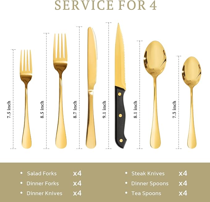 Astercook 24-Piece Silverware Set with Steak Knives Gold Flatware Set for 4 Food-Grade Stainless Steel Cutlery Set Mirror Polished Utensils Set Include Spoons and Forks for Home Gifts for Women