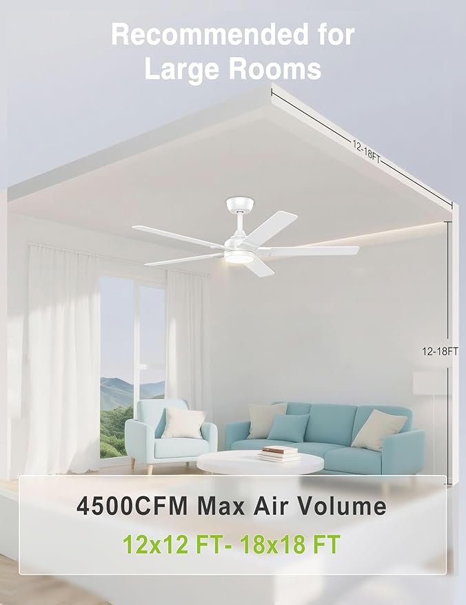 DAMINY 52 inch White Ceiling Fans with Lights,5 Blades,6CCT, Low Profile,Remote Control,for Bedroom, Kitchen,Living Room,Indoor/Outdoor Use,Downrod