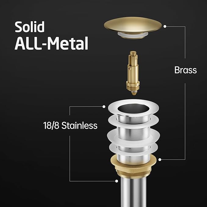KES Sink Drain Stopper Without Overflow, Pop Up Drain for Bathroom Vessel Sink Brushed Gold 2 Pack, All Metal Rustproof Brass and 304 Stainless Steel, for 1.6"-1.9" Sink Hole, S2008D-BZ-P2