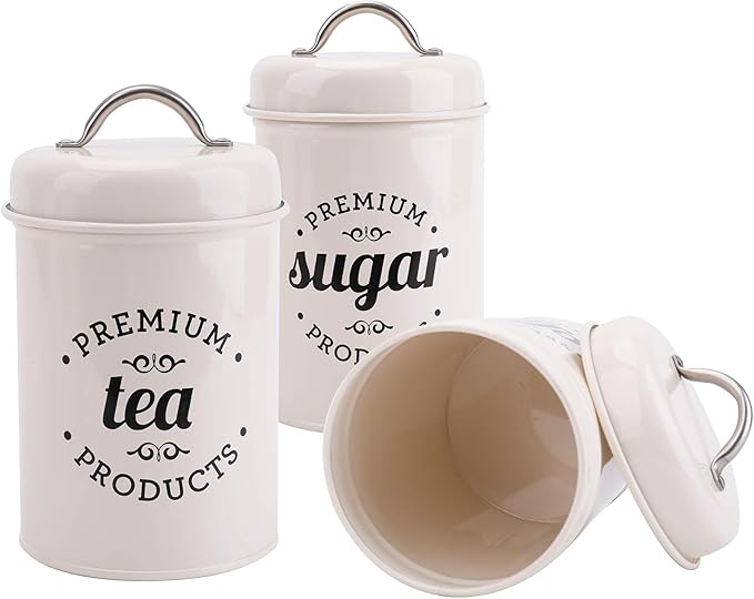 Hedume Set of 3 Airtight Kitchen Canister Decorations with Lids, Coffee, Tea, Sugar Metal Containers, Decorative Nesting Kitchen Canister Jars, Food Storage