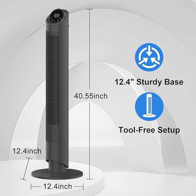 hykolity 40'' Tower Fan for Bedroom, 90° Oscillating Standing Fan, 28dB Ultra Quiet, 26ft/s Velocity Bladeless Floor Fan with 3 Speeds & 4 Modes, 12H Timer for Living Room, Home, Office