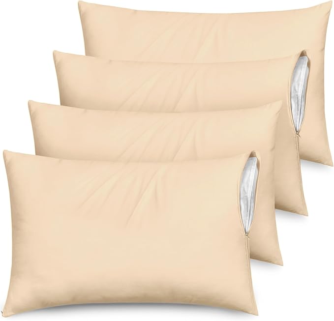 Ultra Soft Pillow Protectors with Zipper King Size - Set of 4 Breathable Pillow Covers - 100% Protection Against Stains, Dust & Dirt - Machine Washable (Cream)