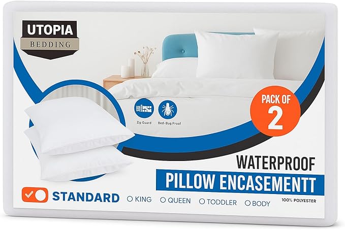 Set of 2 Pillow Protectors with Zipper Standard Size, Bed Bug and Dust Mite Proof Pillow Covers, Ultra Soft Pillow Encasements, Moisture Wicking and Waterproof Pillow Cases by Utopia Bedding (White)