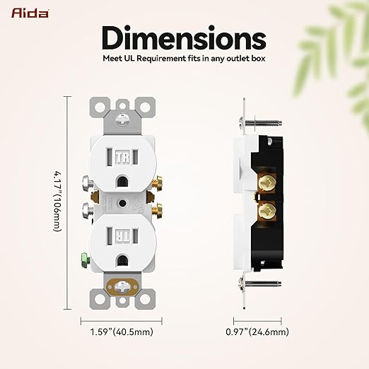 AIDA 4 Pack Matte White 15 Amp Outlet Duplex Electrical Receptacle Outlets,Power Outlet,Tamper Resistant,Heavy-Duty Receptacle, 2 Pole,3-Wire, Self-Grounding Clip, NEMA 5-15R,UL Listed