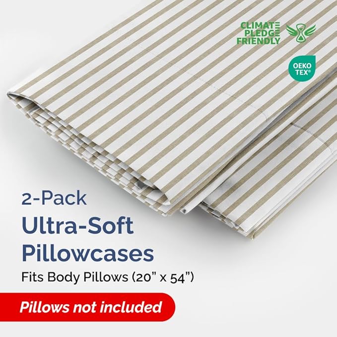 Body Pillowcases Set of 2-20x54 Long Body Pillow Case - Soft Body Pillow Cover for Sleeping & Side Sleepers - Comfy, Wrinkle & Fade Free - Machine Washable w/Envelope Enclosure Beige Stripes 2