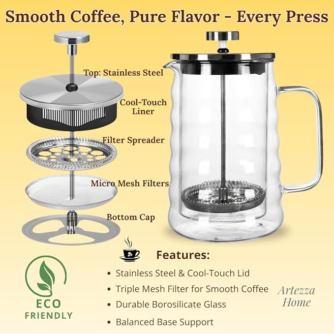 French Press Coffee Maker Double-Wall Borosilicate Glass | Wavy Manual Brewer with Stainless Steel Mesh Filter for Hot & Cold Coffee or Tea (34oz / 1000ml - Wavy Design)