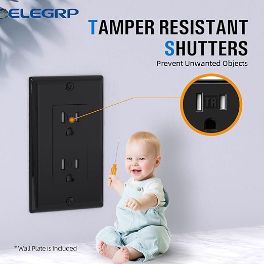 ELEGRP Decorator Wall Receptacle Outlet, Tamper Resistant 15 Amp Standard Electrical Wall Outlet, Residential Grade, Self-grounding, 125V, Wall Plate Included, UL Listed, Glossy Black, 5 Pack