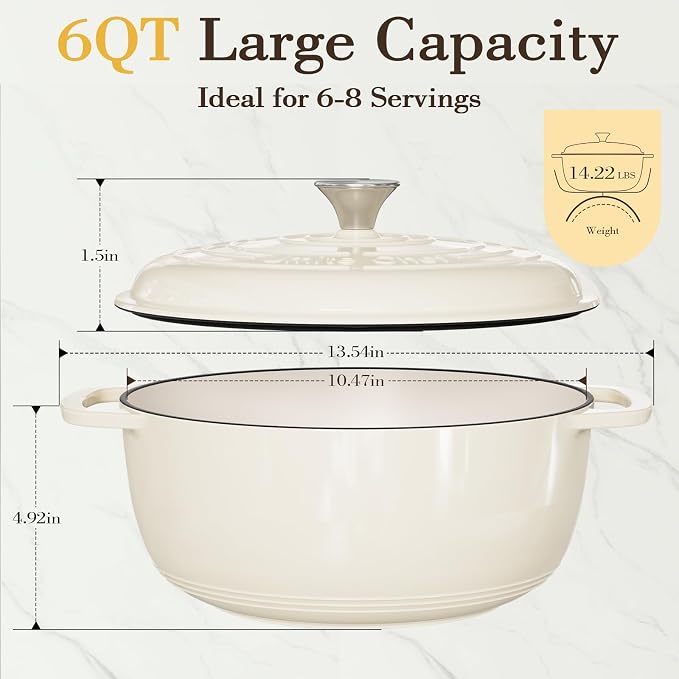Umite Chef 6QT Enameled Cast Iron Dutch Oven with Lid, Versatile Heavy-Duty Cookware Pot for Baking Bread, Braising, Soups & Stews, Oven & Stovetop Safe with Heat Resistant Gloves（Cream White）