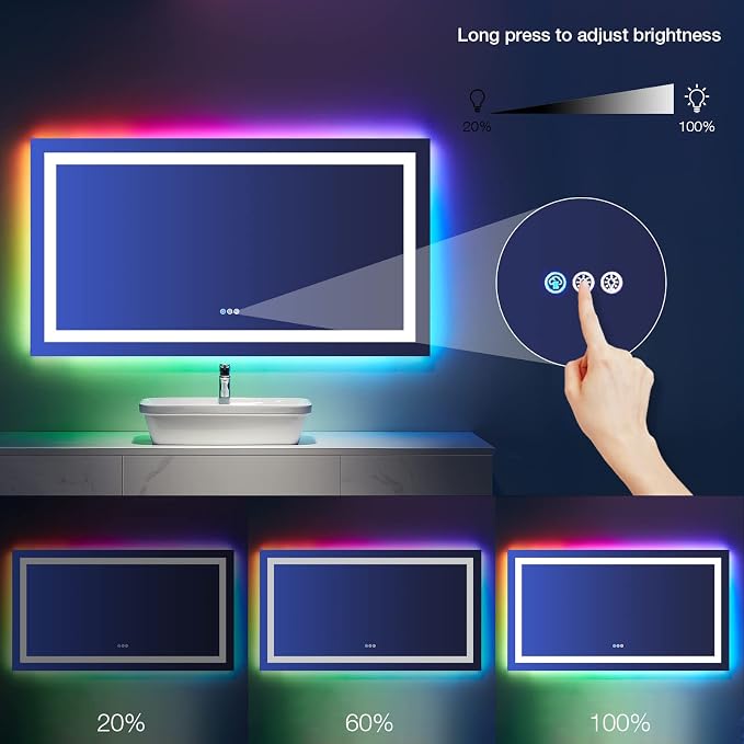 LOAAO 55"X30" RGB LED Bathroom Mirror with Lights, Anti-Fog, Dimmable, Lighted Bathroom Vanity Mirror, Multiple Light Modes, RGB Backlit + Front Light, Memory Function, Tempered Glass, ETL Listed