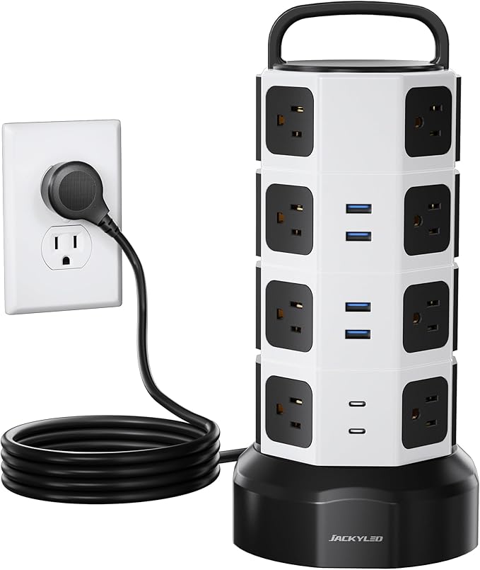 Power Strip Tower Surge Protector - JACKYLED 16 AC Outlets(13A) 6 USB Ports Electric Charging Station, 1050J Surge Electric Tower, 1625W Outlet Extender, 6.5ft Heavy Duty Extension Cord for Home