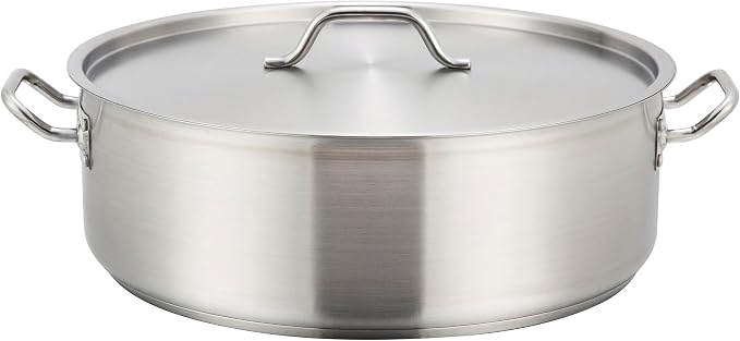 Winco 30 qt Stainless Steel Brazier with Lid | Made from extra-heavyweight 6mm thick 3003 aluminum, Great for Braising, Simmering, Batch Cooking and Restaurant Kitchens